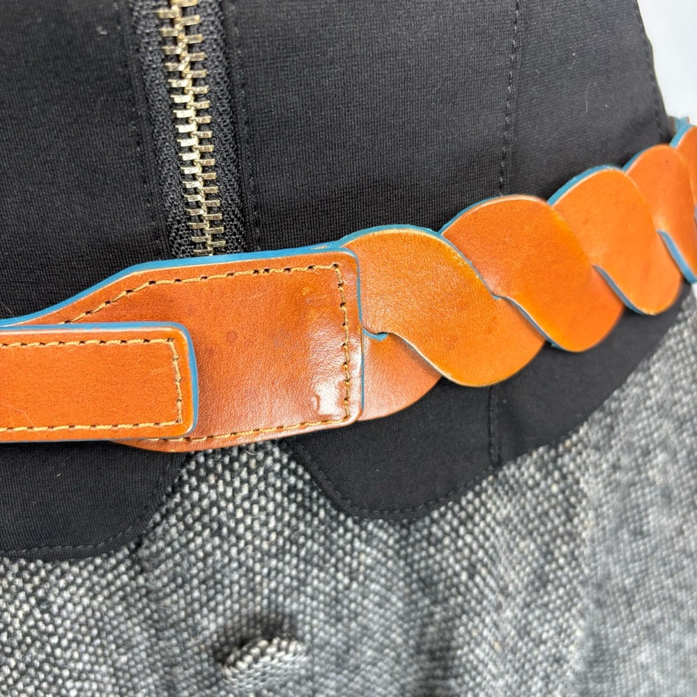 Linea Pelle Chestnut Brown Teal Blue Boho Braided Leather Belt Curved Buckle M/L - Picture 8 of 11